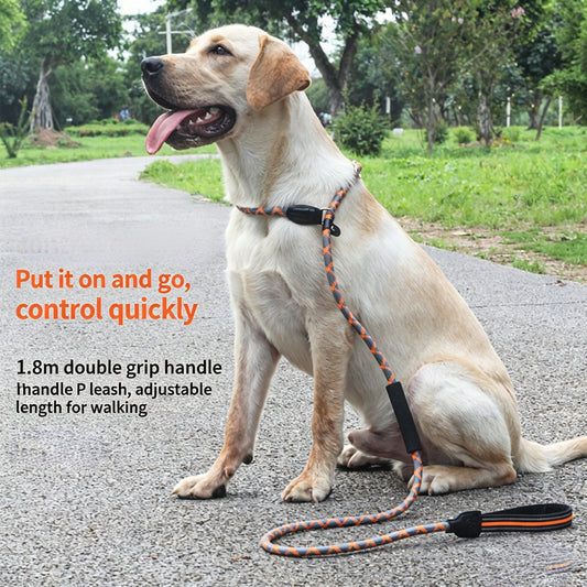 1.8m Heavy-Duty Slip Lead Dog Leash with Genuine Leather Handle – High-Strength Nylon Rope, Dual Handles for Large Dogs