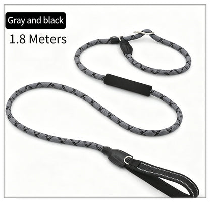 1.8m Heavy-Duty Slip Lead Dog Leash with Genuine Leather Handle – High-Strength Nylon Rope, Dual Handles for Large Dogs