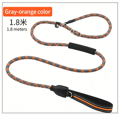 1.8m Heavy-Duty Slip Lead Dog Leash with Genuine Leather Handle – High-Strength Nylon Rope, Dual Handles for Large Dogs