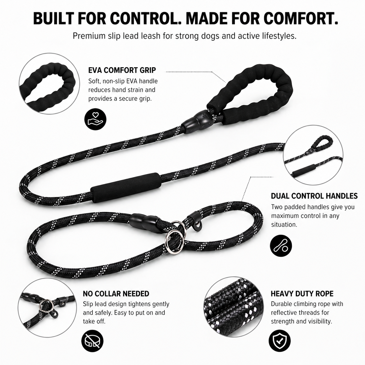 1.8m Heavy-Duty Slip Lead Dog Leash with EVA Foam Handles – Dual Grip Training Leash for Large Dogs