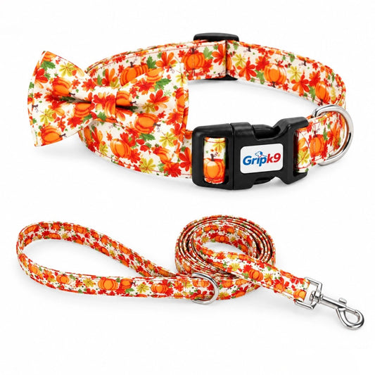 Fall Thanksgiving Dog Collar with Bow Tie and Leash Set, Pumpkin Maple Leaf Print Adjustable Soft Pet Collar with Quick Release Buckle, Festive Autumn Holiday Walking Set for Medium Large Dogs