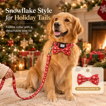 Christmas Dog Collar with Bow Tie and Leash Set, Red Snowflake Adjustable Soft Pet Collar with Quick Release Buckle, Festive Winter Holiday Walking Set for Medium Large Dogs