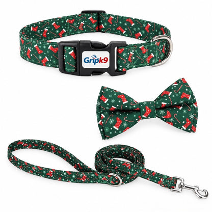 Christmas Dog Collar with Bow Tie and Leash Set, Green Stocking Candy Cane Print Adjustable Soft Pet Collar with Quick Release Buckle, Festive Holiday Walking Set for Medium Large Dogs