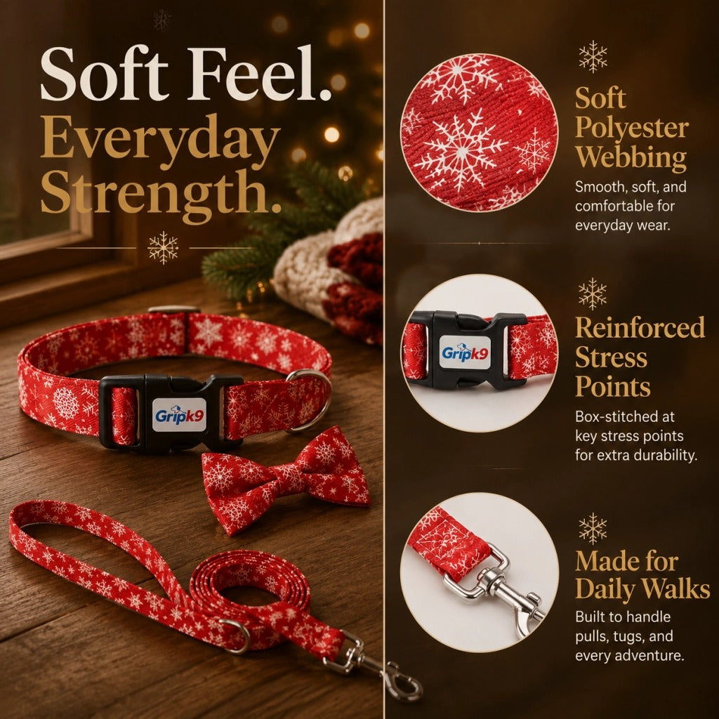 Christmas Dog Collar with Bow Tie and Leash Set, Red Snowflake Adjustable Soft Pet Collar with Quick Release Buckle, Festive Winter Holiday Walking Set for Medium Large Dogs
