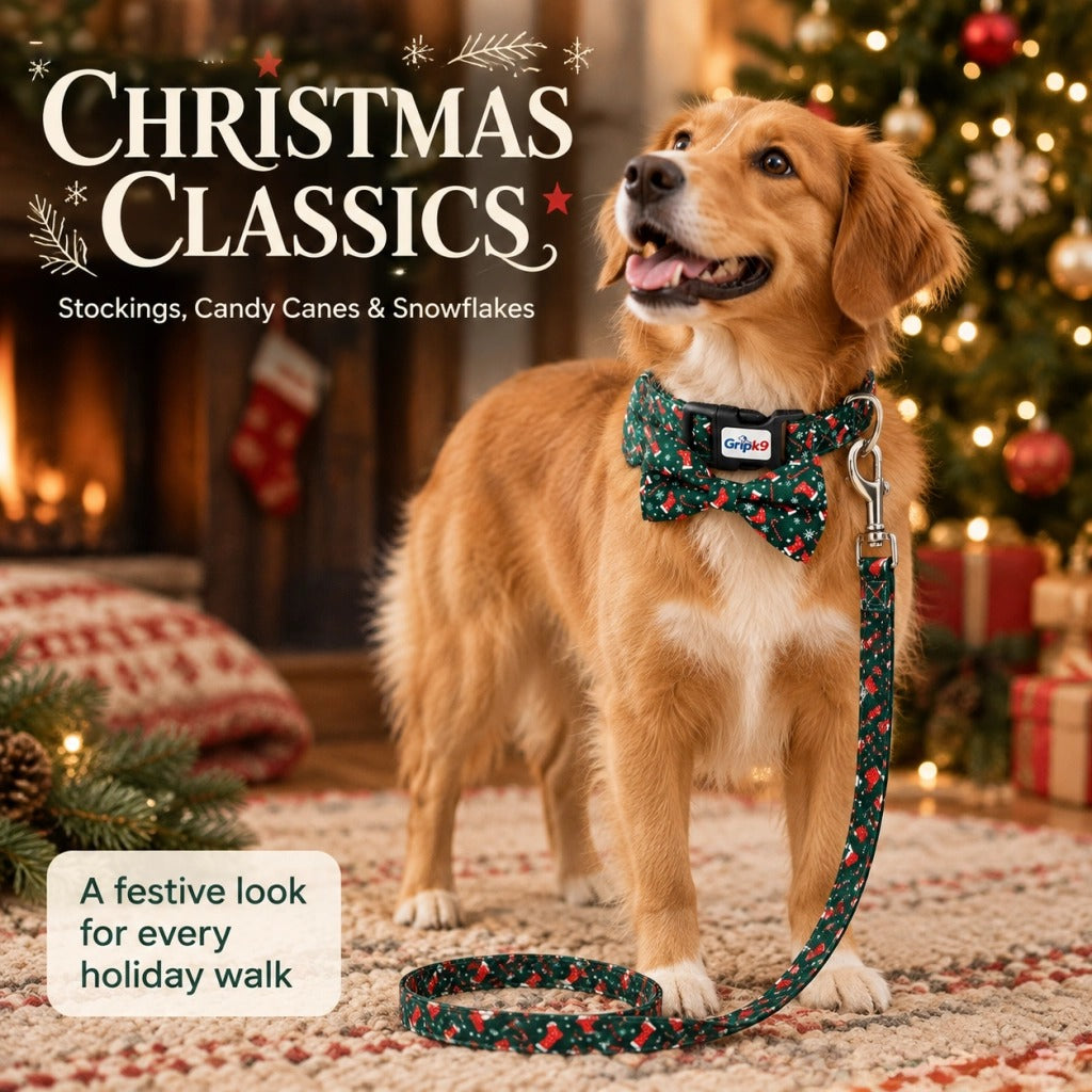 Christmas Dog Collar with Bow Tie and Leash Set, Green Stocking Candy Cane Print Adjustable Soft Pet Collar with Quick Release Buckle, Festive Holiday Walking Set for Medium Large Dogs