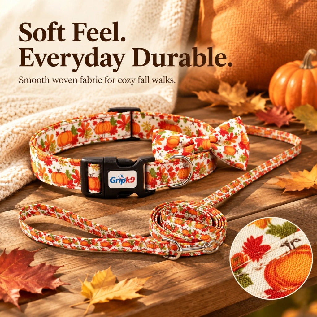 Fall Thanksgiving Dog Collar with Bow Tie and Leash Set, Pumpkin Maple Leaf Print Adjustable Soft Pet Collar with Quick Release Buckle, Festive Autumn Holiday Walking Set for Medium Large Dogs