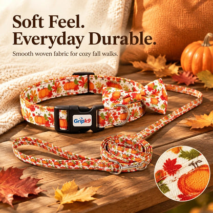 Fall Thanksgiving Dog Collar with Bow Tie and Leash Set, Pumpkin Maple Leaf Print Adjustable Soft Pet Collar with Quick Release Buckle, Festive Autumn Holiday Walking Set for Medium Large Dogs