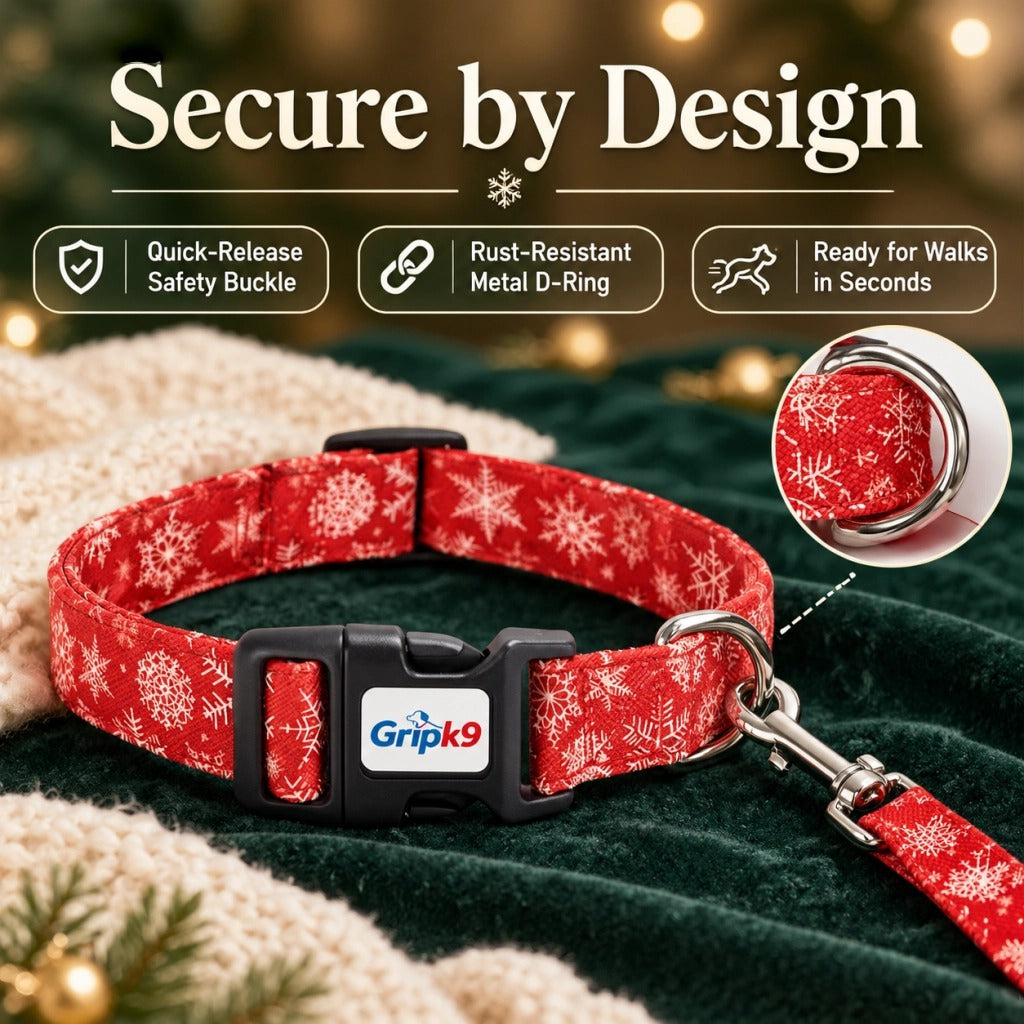 Christmas Dog Collar with Bow Tie and Leash Set, Red Snowflake Adjustable Soft Pet Collar with Quick Release Buckle, Festive Winter Holiday Walking Set for Medium Large Dogs