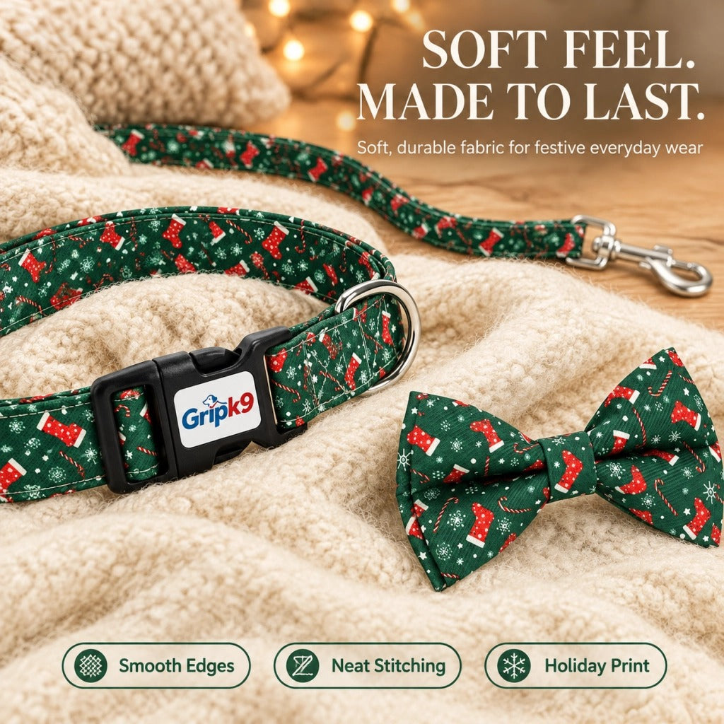 Christmas Dog Collar with Bow Tie and Leash Set, Green Stocking Candy Cane Print Adjustable Soft Pet Collar with Quick Release Buckle, Festive Holiday Walking Set for Medium Large Dogs