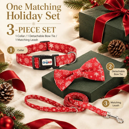 Christmas Dog Collar with Bow Tie and Leash Set, Red Snowflake Adjustable Soft Pet Collar with Quick Release Buckle, Festive Winter Holiday Walking Set for Medium Large Dogs