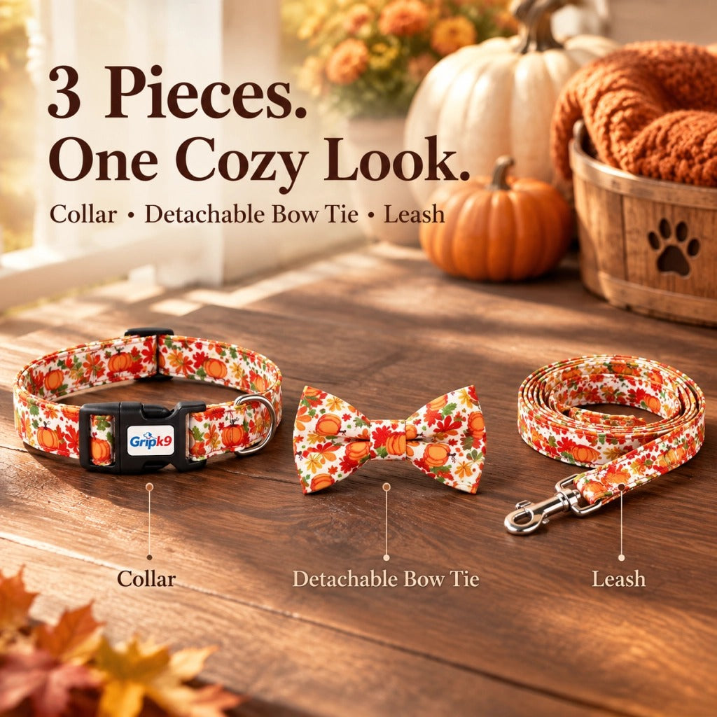 Fall Thanksgiving Dog Collar with Bow Tie and Leash Set, Pumpkin Maple Leaf Print Adjustable Soft Pet Collar with Quick Release Buckle, Festive Autumn Holiday Walking Set for Medium Large Dogs