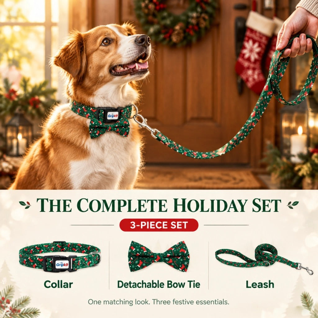 Christmas Dog Collar with Bow Tie and Leash Set, Green Stocking Candy Cane Print Adjustable Soft Pet Collar with Quick Release Buckle, Festive Holiday Walking Set for Medium Large Dogs