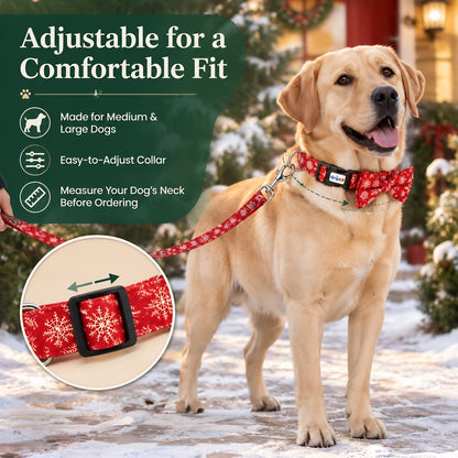 Christmas Dog Collar with Bow Tie and Leash Set, Red Snowflake Adjustable Soft Pet Collar with Quick Release Buckle, Festive Winter Holiday Walking Set for Medium Large Dogs