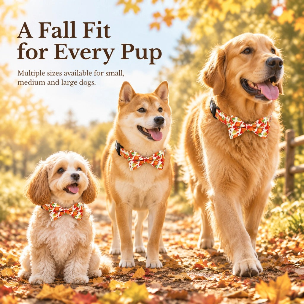 Fall Thanksgiving Dog Collar with Bow Tie and Leash Set, Pumpkin Maple Leaf Print Adjustable Soft Pet Collar with Quick Release Buckle, Festive Autumn Holiday Walking Set for Medium Large Dogs