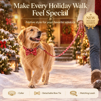 Christmas Dog Collar with Bow Tie and Leash Set, Red Snowflake Adjustable Soft Pet Collar with Quick Release Buckle, Festive Winter Holiday Walking Set for Medium Large Dogs