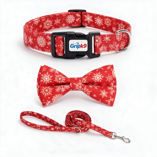 Christmas Dog Collar with Bow Tie and Leash Set, Red Snowflake Adjustable Soft Pet Collar with Quick Release Buckle, Festive Winter Holiday Walking Set for Medium Large Dogs